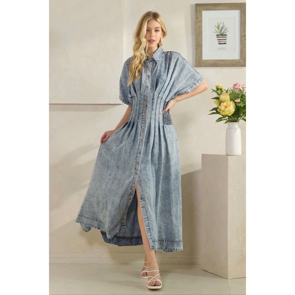 Oli & Hali Washed Smocked Waist Button Down Tencel Dress Size M